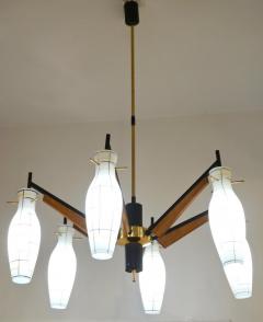  Stilnovo Stilnovo 1958 Italian Black White Glass Pair of 6 Light Teak Brass Chandeliers - 2990743