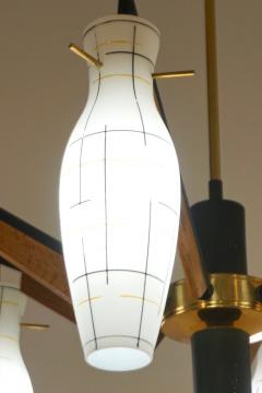  Stilnovo Stilnovo 1958 Italian Black White Glass Pair of 6 Light Teak Brass Chandeliers - 2990744