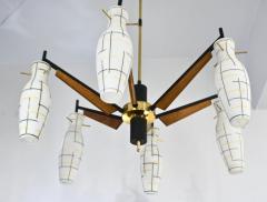  Stilnovo Stilnovo 1958 Italian Black White Glass Pair of 6 Light Teak Brass Chandeliers - 2990746