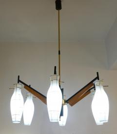 Stilnovo Stilnovo 1958 Italian Black White Glass Pair of 6 Light Teak Brass Chandeliers - 2990748