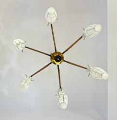 Stilnovo Stilnovo 1958 Italian Black White Glass Pair of 6 Light Teak Brass Chandeliers - 2990749
