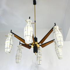  Stilnovo Stilnovo 1958 Italian Black White Glass Pair of 6 Light Teak Brass Chandeliers - 2990750