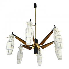  Stilnovo Stilnovo 1958 Italian Black White Glass Pair of 6 Light Teak Brass Chandeliers - 2990751