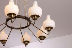  Stilnovo Stilnovo Eight Light Brass and Opaline Glass Chandelier Italy 1950s - 4480451