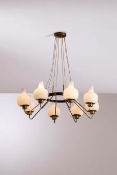  Stilnovo Stilnovo Eight Light Brass and Opaline Glass Chandelier Italy 1950s - 4480453