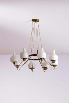  Stilnovo Stilnovo Eight Light Brass and Opaline Glass Chandelier Italy 1950s - 4480456