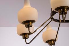  Stilnovo Stilnovo Eight Light Brass and Opaline Glass Chandelier Italy 1950s - 4480465