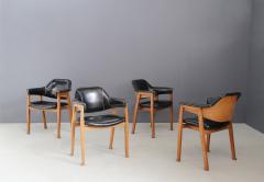  Studio BBPR Set of Four Chair Attributed to BBPR in Wood and Black Leather 1950s - 1468040