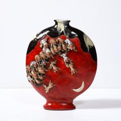  Sumida Gawa Sumida Gawa Vermillion Red Glazed Pottery Vase W Clustered Sculptural Primates - 3975960