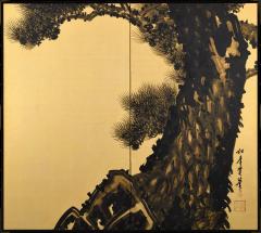  Suzuki Shonen Two panel Japanese Screen Aged Pines by Suzuki Shonen Meiji period  - 4542894