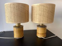  Targetti Sankey Mid Century Modern Pair of Rattan and Brass Lamps by Targetti Italy 1970s - 2807593