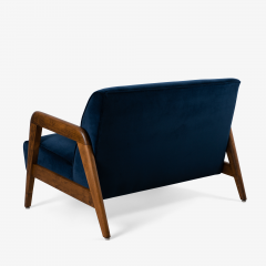  Thonet Russel Wright for Thonet Settee in Navy Velvet Tiger Maple - 2518814