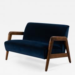  Thonet Russel Wright for Thonet Settee in Navy Velvet Tiger Maple - 2522327