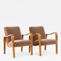  Thonet Thonet Art Deco Bentwood Maple Lounge Chairs in Umber Brown Mohair Pair - 3244137