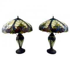  Tiffany Co Art Nouveau Tiffany Style Brown Green Stained Glass Table Lamp a Pair - 4098870