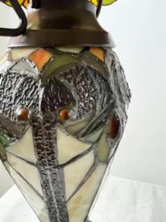  Tiffany Co Art Nouveau Tiffany Style Brown Green Stained Glass Table Lamp a Pair - 4098877