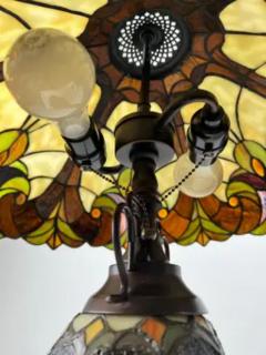  Tiffany Co Art Nouveau Tiffany Style Brown Green Stained Glass Table Lamp a Pair - 4098885