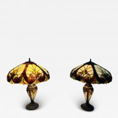  Tiffany Co Art Nouveau Tiffany Style Brown Green Stained Glass Table Lamp a Pair - 4101218