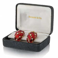  Tiffany Co SCHLUMBERGER PLATINUM 18K YELLOW GOLD RED ENAMEL DIAMOND EARRINGS - 3651118