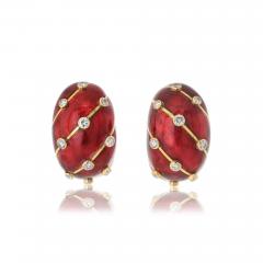  Tiffany Co SCHLUMBERGER PLATINUM 18K YELLOW GOLD RED ENAMEL DIAMOND EARRINGS - 3652161