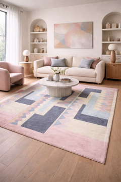  Tisca Tisca Geometric Pattern Hand Tufted Wool Rug Signed ILES France 1990s - 4766981