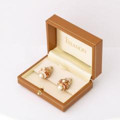  Trianon Red Beige Shell Earrings Set in 18k Gold With Inlaid Pearls by Trianon - 3197644