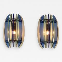  VECA Pair of 1970s Italian chrome and blue and greenglass wall lights by Veca - 1966869