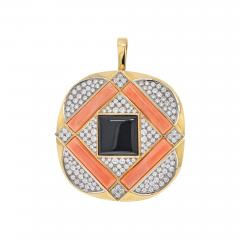  Vacheron Constantin 18K YELLOW GOLD 1970S CORAL DIAMOND AND ONYX PENDANT BROOCH - 2734878