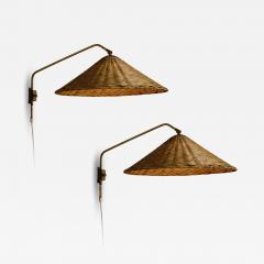  Valinte OY 1950s Valinte Oy Rattan Brass Plug In Wall Lamp in the Manner of Paavo Tynell - 4287658