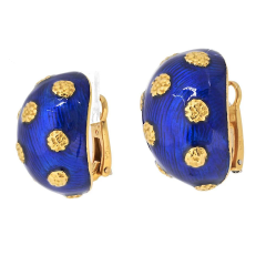  Van Cleef Arpels 18K Yellow Gold 1970s Blue Enamel Ring And Earrings Jewelry Set - 4059364