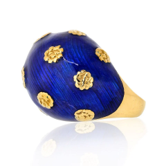  Van Cleef Arpels 18K Yellow Gold 1970s Blue Enamel Ring And Earrings Jewelry Set - 4059366