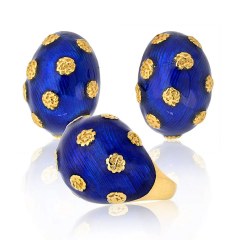  Van Cleef Arpels 18K Yellow Gold 1970s Blue Enamel Ring And Earrings Jewelry Set - 4059368