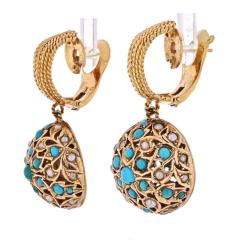  Van Cleef Arpels VAN CLEEF ARPELS 18K YELLOW GOLD 1960S TURQUOISE PEARL DROP DANGLE EARRINGS - 2345837