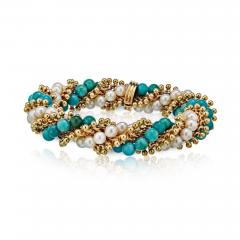  Van Cleef Arpels VAN CLEEF ARPELS CIRCA 1950S 18K YELLOW GOLD TWIST TURQUOISE PEARL BRACELET - 1735978