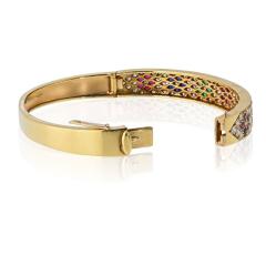  Van Cleef Arpels VCA 18K Yellow Gold Diamond And Multi Gem Flower Motif Bangle Bracelet - 4481312