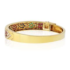  Van Cleef Arpels VCA 18K Yellow Gold Diamond And Multi Gem Flower Motif Bangle Bracelet - 4481313