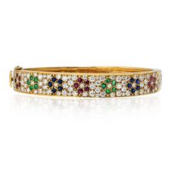 Van Cleef Arpels VCA 18K Yellow Gold Diamond And Multi Gem Flower Motif Bangle Bracelet - 4483274