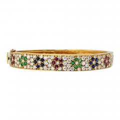  Van Cleef Arpels VCA 18K Yellow Gold Diamond And Multi Gem Flower Motif Bangle Bracelet - 4483275