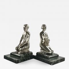  Vandaele Art Deco Bronze Bookends Lady and Faun Signed H Vandaele - 1373779