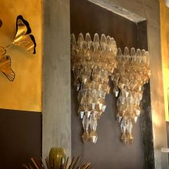  Venini Late 20th Century Pair of Transparent and Amber Polyhedrons Murano Glass Sconces - 1644370