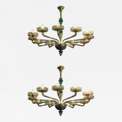  Venini Pair Elegant Murano Chandelier Amber and Emerald Handblown Glass Venini 1960 - 3697561