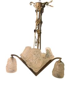  Verdun FRENCH ART DECO FULL BLOOM ROSES CAST GLASS SLIP SHADE WROUGHT IRON CHANDELIER - 4519320