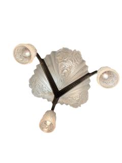  Verdun FRENCH ART DECO FULL BLOOM ROSES CAST GLASS SLIP SHADE WROUGHT IRON CHANDELIER - 4519322