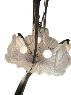  Verdun FRENCH ART DECO FULL BLOOM ROSES CAST GLASS SLIP SHADE WROUGHT IRON CHANDELIER - 4519325