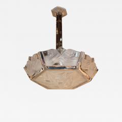  Verrerie d Art Degu Signed Art Deco Cubist Frosted Glass and Nickeled Bronze Chandelier by Degu  - 1462951