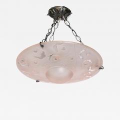  Verrerie d Art Degu Signed Degu Art Deco Cubist Rose Chandelier w Oil Rubbed Bronze Fittings - 2370381