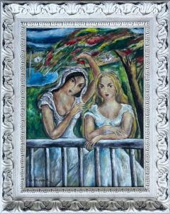  Victor Manuel Cuban Artist Victor Manuel Oil Painting of Two Women on a Balcony - 4125677