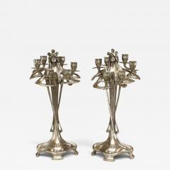  WMF W rttembergische Metallwarenfabrik W M F Pair of Art Nouveau Silvered Pewter Figural Candelabras - 4247399