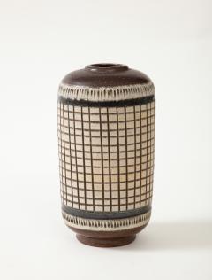  Wall kra AB Brown Black Cream Glazed Vase Grid Pattern Wall kra Sweden 1950 signed - 3106439