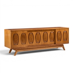  Young Manufacturing Company Young Manufacturing Mid Century Walnut Burlwood Sliding Door Credenza and Hutch - 4700262
